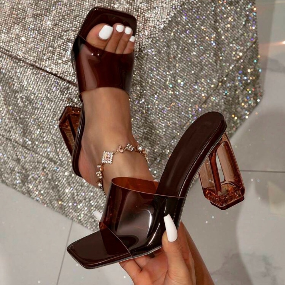 Women's Clear Brown Block Heel Slide Sandals